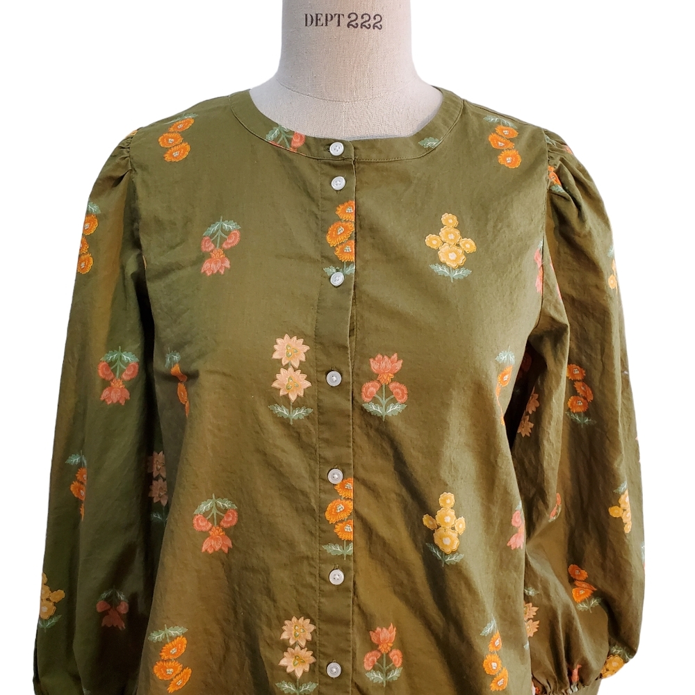Loft Outlet Women's Olive Boho Peasant Long Sleeve Floral Button Down Shirt Sz M